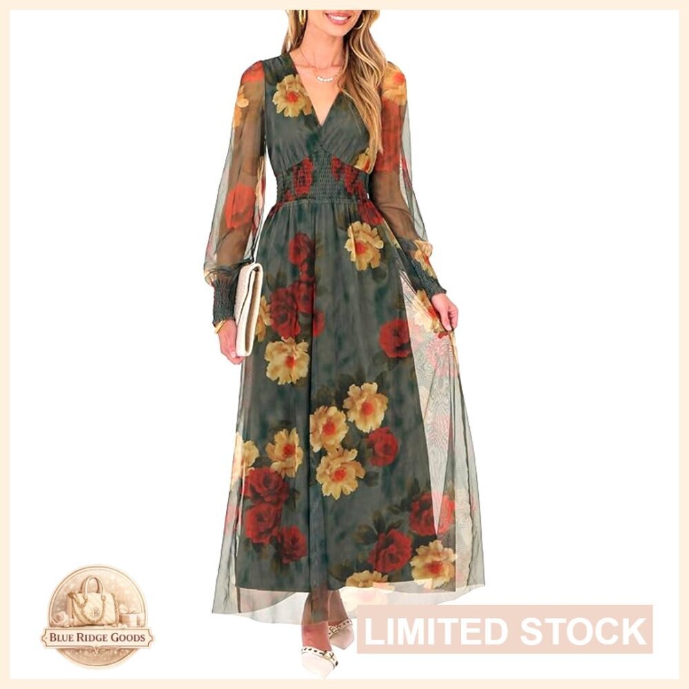 Floral Maxi Dress V-Neck Puff Sleeve Boho Wedding Guest Tea Party Tulle